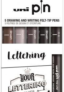uni ball uni pin lettering pack de 5 rotuladores calibrados 0.8, y brush punta poliacetal tinta pigmentada resistente al agua y luz colores negro, gris y sepia