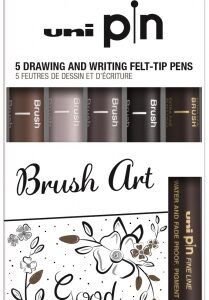 uni ball uni pin brush art pack de 5 rotuladores calibrados brush y brush extra fino punta poliacetal tinta pigmentada resistente al agua y a la luz colores negro, gris y sepia