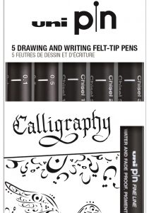 uni ball uni pin caligrafia pack de 5 rotuladores calibrados 0.1, 0.5, chisel 1.0, chisel 2.0 y chisel 3.0 tinta pigmentada resistente al agua y luz ideal para dibujo profesional y escritura color negro