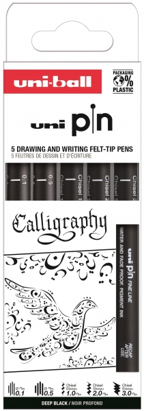 uni ball uni pin caligrafia pack de 5 rotuladores calibrados 0.1, 0.5, chisel 1.0, chisel 2.0 y chisel 3.0 tinta pigmentada resistente al agua y luz ideal para dibujo profesional y escritura color negro