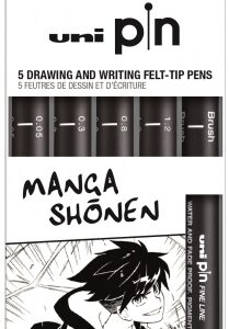 uni ball uni pin manga shonen pack de 5 rotuladores calibrados 0.05, 0.3, 0.8, 1.2 y brush punta poliacetal tinta pigmentada resistente al agua y luz color negro