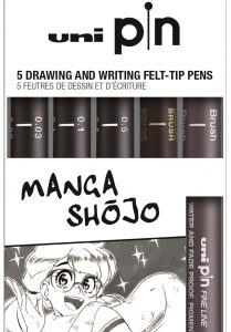 uni ball uni pin manga shojo pack de 5 rotuladores calibrados 0.03, 0.1, 0.5, brush gris y efb negro punta poliacetal tinta pigmentada resistente al agua y luz colores negro y gris oscuro