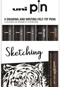 uni ball uni pin sketching pack de 5 rotuladores calibrados 0.4, 0.9, 1.2, brush y efb punta poliacetal tinta pigmentada resistente al agua y luz color negro