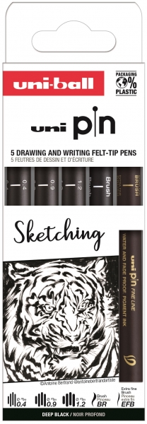 uni ball uni pin sketching pack de 5 rotuladores calibrados 0.4, 0.9, 1.2, brush y efb punta poliacetal tinta pigmentada resistente al agua y luz color negro