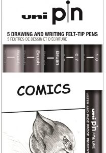 uni ball uni pin comics pack de 5 rotuladores calibrados 0.7, 1.0 y brush punta poliacetal tinta pigmentada resistente al agua y luz colores negro y gris