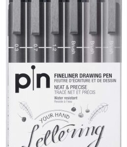 uni ball uni pin pack de 6 rotuladores calibrados 0.3, 0.7, 1.2, brush punta poliacetal tinta pigmentada resistente al agua y luz ideal para dibujo profesional y escritura colores negro y gris