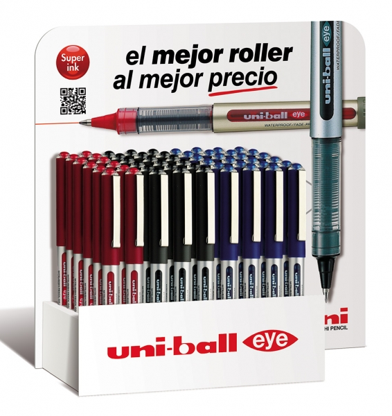 uni ball eye micro ub 150 expositor de 54 boligrafos de tinta liquida punta de bola 0.5mm tinta resistente al agua y luz sistema de control de tinta ventana de nivel de tinta color surtido