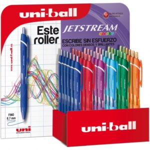 uni ball sxn 150c jetstream colores expositor de 36 boligrafos retractiles punta de bola 0.7mm tinta pigmentada resistente al agua y luz secado instantaneo colores surtidos