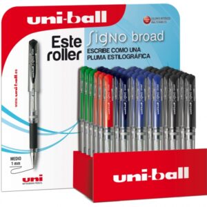 uni ball signo broad um 153/3d expositor de 36 rollers de tinta gel punta de bola 1mm trazo estilo pluma sujecion de caucho color surtido