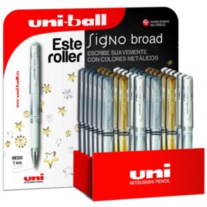 uni ball signo broad expositor de 36 boligrafos de tinta gel punta de bola 1mm trazo estilografico sujecion de caucho colores surtidos