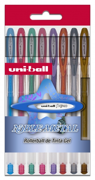uni ball um 120 nm signo noble metal pack de 8 boligrafos de tinta gel punta de bola 0.8mm tinta resistente al agua y luz escribe en papel negro y blanco colores metalicos surtidos