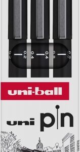 uni ball uni pin pack de 3 rotuladores calibrados 0.2, 0.4, 0.8 punta poliacetal tinta pigmentada resistente al agua y luz color negro