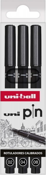 uni ball uni pin pack de 3 rotuladores calibrados 0.2, 0.4, 0.8 punta poliacetal tinta pigmentada resistente al agua y luz color negro