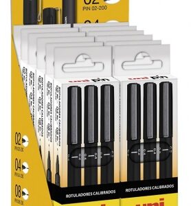 uni ball uni pin expositor con 12 estuches de 3 rotuladores calibrados 0.2, 0.4, 0.8 punta poliacetal tinta pigmentada resistente al agua y luz ideal para dibujo profesional y escritura color negro