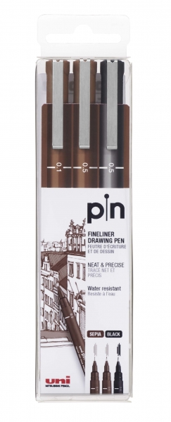uni ball uni pin pack de 3 rotuladores calibrados 0.1, 0.5 punta poliacetal tinta pigmentada resistente al agua y luz ideal para dibujo profesional y escritura colores negro y sepia