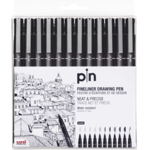 uni ball uni pin pack de 12 rotuladores calibrados 0.03, 0.05, 0.1, 0.2, 0.3, 0.4, 0.5, 0.6, 0.7, 0.8, brush punta poliacetal tinta pigmentada resistente al agua y luz para dibujo profesional y escritura color negro