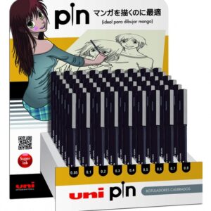 uni ball pin expositor de 54 rotuladores calibrados punta poliacetal tinta pigmentada resistente al agua y luz color surtido