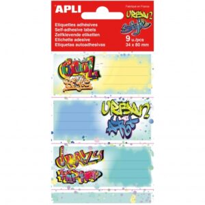 apli pack de 9 etiquetas escolares modelo grafitis tamaño 81x36mm adhesivo permanente ideales para marcar e identificar libros, cuadernos, carpetas etc...