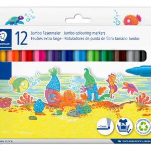 staedtler noris jumbo 340 pack de 12 rotuladores jumbo punta de fibra trazo 3mm lavable facilmente tinta base de agua tapa ventilada colores surtidos