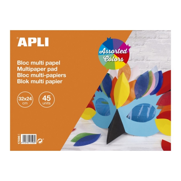 apli bloc 45 hojas de papeles surtidos papel charol, papel seda, papel celofan, papel aluminio y cartulina ideal para manualidades y scrapbooking colores surtidos