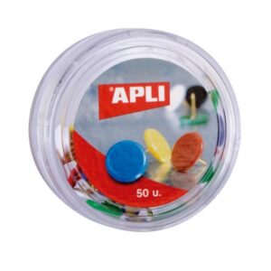 apli caja de 50 chinchetas niqueladas con cabezal de plastico cabeza redondeada puntas afiladas colores surtidos