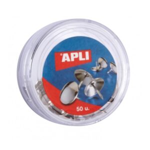 apli caja de 50 chinchetas niqueladas cabeza redondeada punta afilada versatiles para hogar y oficina color plata