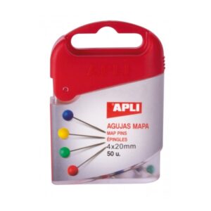 apli caja de 50 agujas de mapa cabeza de plastico punta metalica ideal para mapas, corcho y manualidades colores surtidos