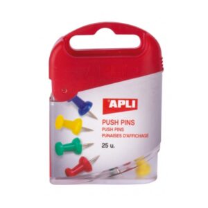 apli caja de 25 agujas push pins cabeza plastica punta metalica ideal para mapas, corcho, madera y manualidades colores surtidos