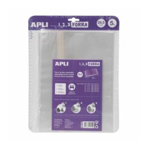apli pack de 5 forros para libros 295mm de polipropileno 75 micras solapa autoajustable facil forrado en 3 pasos sin necesidad de cortar ni usar cinta adhesiva transparente