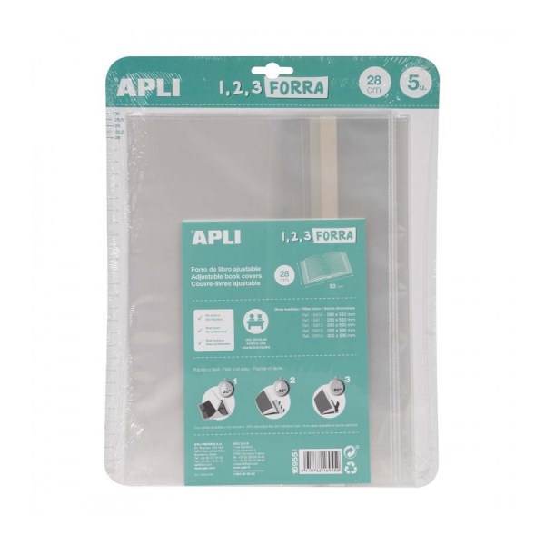 apli pack de 5 forros para libros 280mm de polipropileno 75 micras solapa autoajustable facil forrado en 3 pasos sin necesidad de cortar ni usar cinta adhesiva transparente