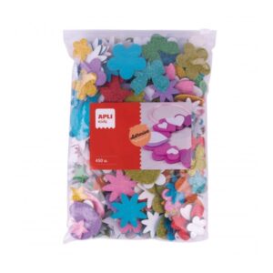 apli pack de 450 formas de goma eva adhesiva con purpurina estrellas, corazones, flores y mariposas grosor 2mm cierre zip mejorado ideal para manualidades y escuelas colores surtidos
