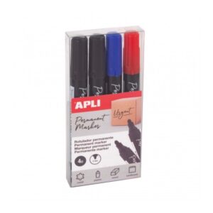 apli pack de 4 rotuladores permanentes punta redonda resistentes al agua multifuncionales para metal, plastico, madera y carton color azul negro rojo