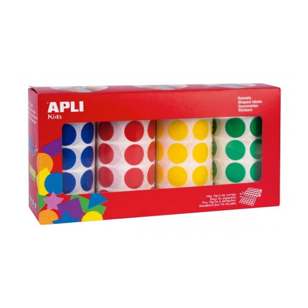 apli pack de 4 rollos de gomets redondos Ø 20mm 1770 gomets por rollo adhesivo permanente 7080 gomets en total ideales para escuelas infantiles colores azul, rojo, amarillo y verde