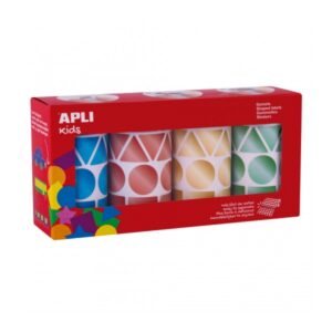 apli pack con 4 rollos de gomets geometricos 1081 gomets por rollo adhesivo permanente 4.324 gomets en total ideales para escuelas infantiles colores metalizados azul, rojo amarillo y verde