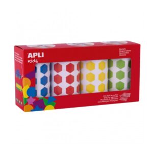 apli pack de 4 rollos de gomets hexagonales 20mm 1770 gomets por rollo adhesivo permanente 7080 gomets en total ideales para escuelas infantiles colores azul, rojo, amarillo y verde
