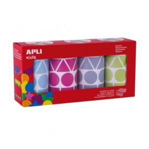 apli pack con 4 rollos de gomets geometricos xl 1357 gomets por rollo adhesivo permanente 5.428 gomets en total ideales para escuelas infantiles colores azul claro, fucsia, grisy verde claro