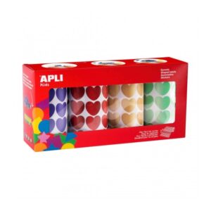 apli pack de 4 rollos de gomets corazon 20mm 1410 gomets por rollo adhesivo permanente 5640 gomets en total ideales para escuelas infantiles colores metalizados azul, rojo, amarillo y verde