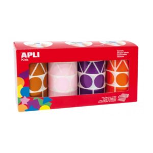 apli pack con 4 rollos de gomets geometricos xl 1357 gomets por rollo adhesivo permanente 5.428 gomets en total ideales para escuelas infantiles colores marron, rosa, lila y naranja