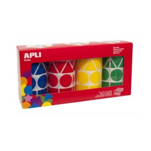 apli pack con 4 rollos de gomets geometricos xl 1357 gomets por rollo adhesivo permanente 5.428 gomets en total ideales para escuelas infantiles colores azul, rojo, amarillo y verde