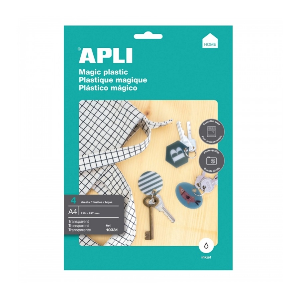 apli pack de 4 hojas de plastico magico imprimible apto para impresoras inkjet transforma diseños en 3d ideal para colgantes y llaveros