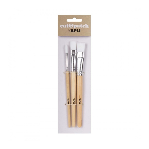 apli pack de 3 de pinceles de madera para manualidades cerdas de nylon puntas redonda y plana ideal para papeles cut&patch
