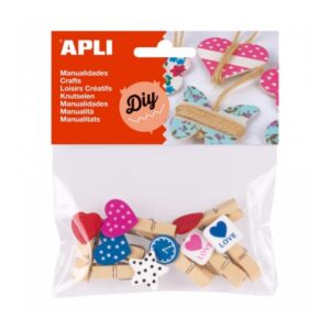 apli mini pinzas de madera formas surtidas corazones, estrella y reloj ideales para decorar y sujetar tarjetas, fotos y mas color madera natural
