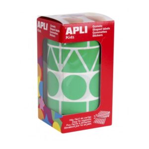 apli rollo de gomets con formas surtidas adhesivo permanente 1.357 gomets ideal para guarderias fomenta psicomotricidad y creatividad adhesivo base agua color verde
