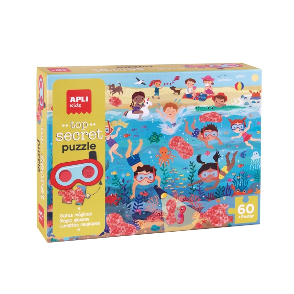 apli top secret puzzle de 60 piezas 6x6cm tematica playa usa las gafas para descubrir zonas secretas poster para facilitar montaje recomendado para niños a partir de 4 años