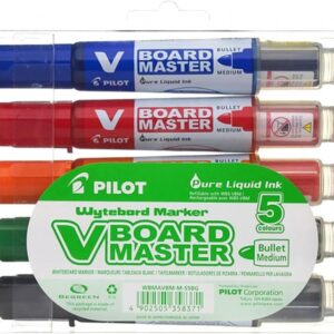 pilot v board master begreen pack de 5 rotuladores para pizarra blanca punta redonda 6mm trazo 2.3mm 91% plastico reciclado recargable colores surtidos