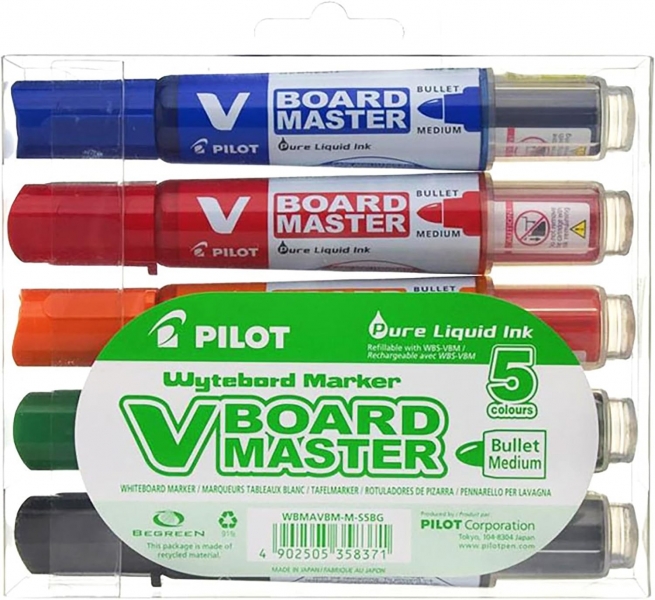 pilot v board master begreen pack de 5 rotuladores para pizarra blanca punta redonda 6mm trazo 2.3mm 91% plastico reciclado recargable colores surtidos