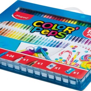 maped color`peps pack de 100 piezas para colorear 36 rotuladores, 36 lapices, 24 ceras, 1 rotulador punta pincel, 1 lapiz grafito, 1 goma y 1 sacapuntas colores surtidos