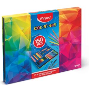 maped color`peps pack de 150 piezas para colorear con rotuladores, lapices de colores fuertes, infinity, aqua, pastel y duo world, ceras, rotulador con purpurina, lapiz grafito, pincel, goma y sacapuntas