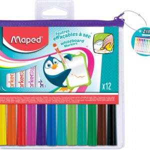 maped marker'peps pack de 12 rotuladores para pizarra blanca punta de bala 1.5mm borrado en seco practica bolsa con cremallera colores surtidos