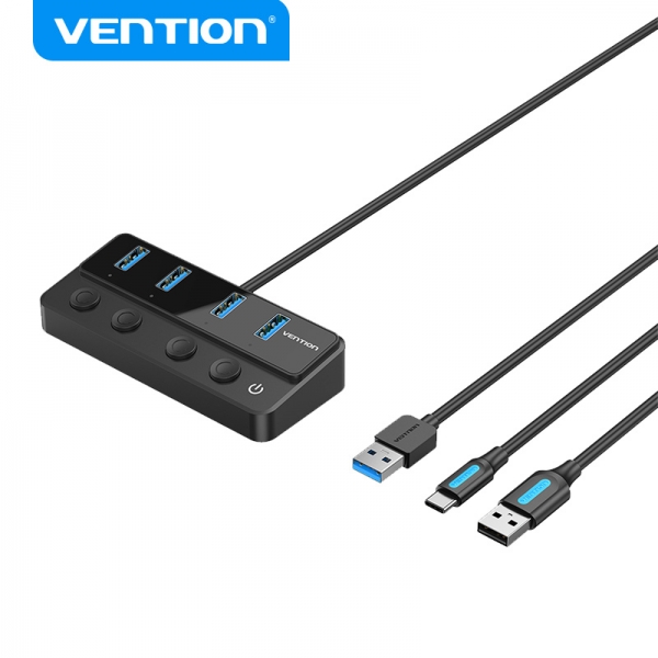 vention hub 4 en 1 usb 3.0 a 4xusb/usb c pd incluye cable carga usb macho usb c color negro